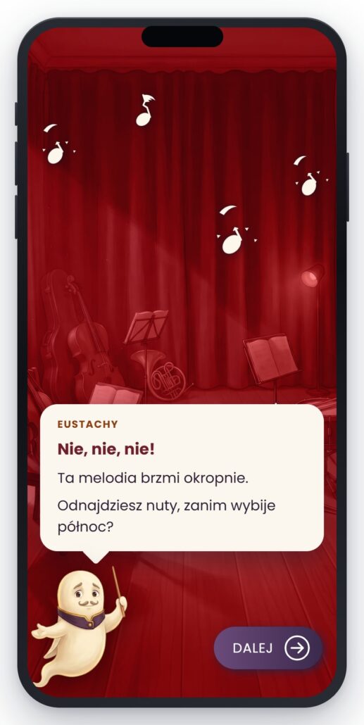 Pierwsza próba orkiestry na telefonie: czerwona scena z instrumentami i rozsypanymi nutami, Eustachy komentuje rozstrojoną melodię