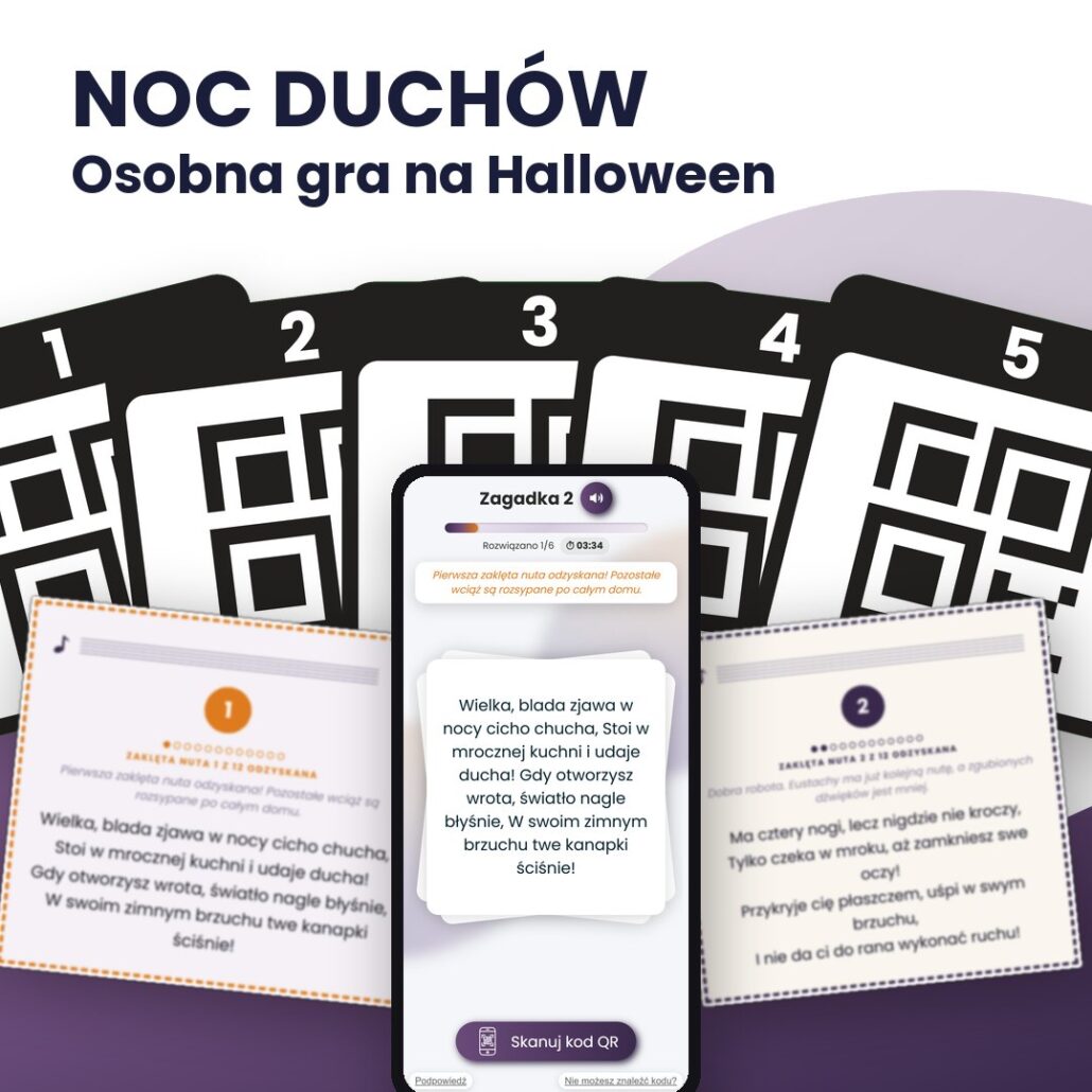 Noc Duchów – gra na Halloween dla dzieci: karty z kodami QR, karty z zagadkami do wydruku i ekran zagadki na telefonie