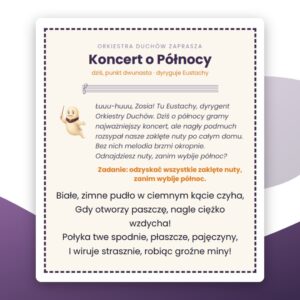 Karta startowa do wydruku „Koncert o Północy”: list od Eustachego, zadanie odzyskania zaklętych nut i pierwsza zagadka