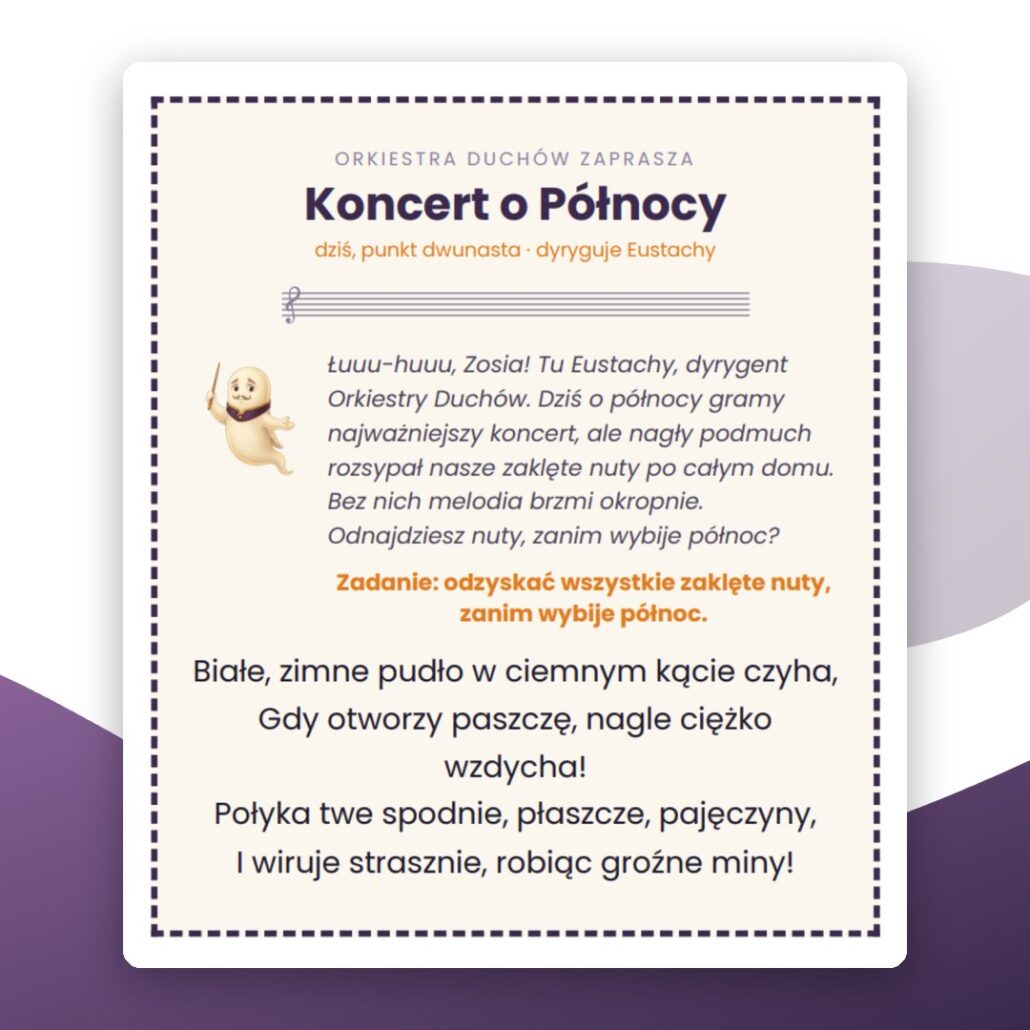Karta startowa do wydruku „Koncert o Północy”: list od Eustachego, zadanie odzyskania zaklętych nut i pierwsza zagadka