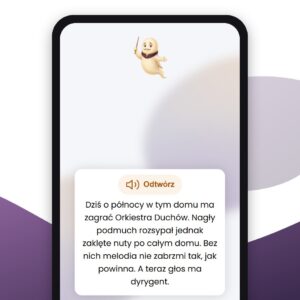 Ekran startowy Nocy Duchów na telefonie: duch-dyrygent Eustachy i wstęp o zaklętych nutach rozsypanych po domu