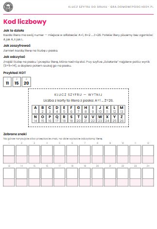 Podgląd kartki: klucz kodu liczbowego A=1…Z=26 do druku