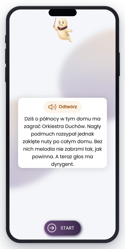 Ekran startowy gry Noc Duchów na telefonie: duszek Eustachy z batutą, wstęp lektora i przycisk START