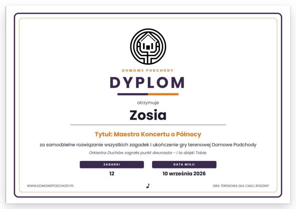 Dyplom A4 w poziomie z imieniem dziecka i tytułem Maestro Koncertu o Północy