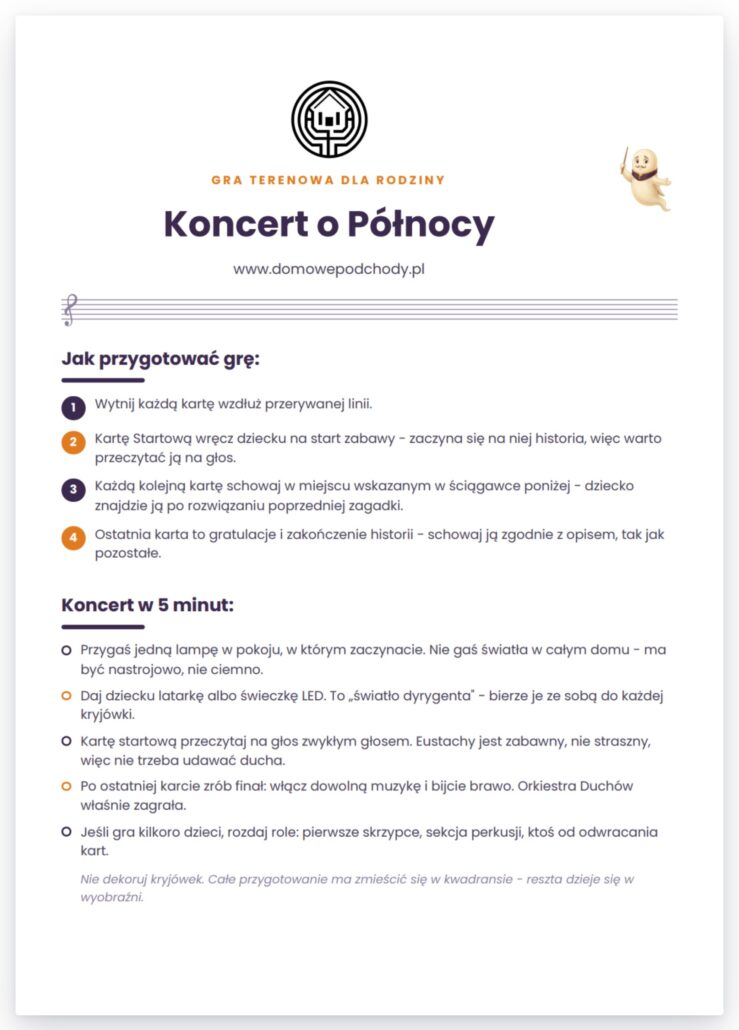 Pierwsza kartka wydruku Nocy Duchów z instrukcją dla rodzica i sekcją Koncert w 5 minut